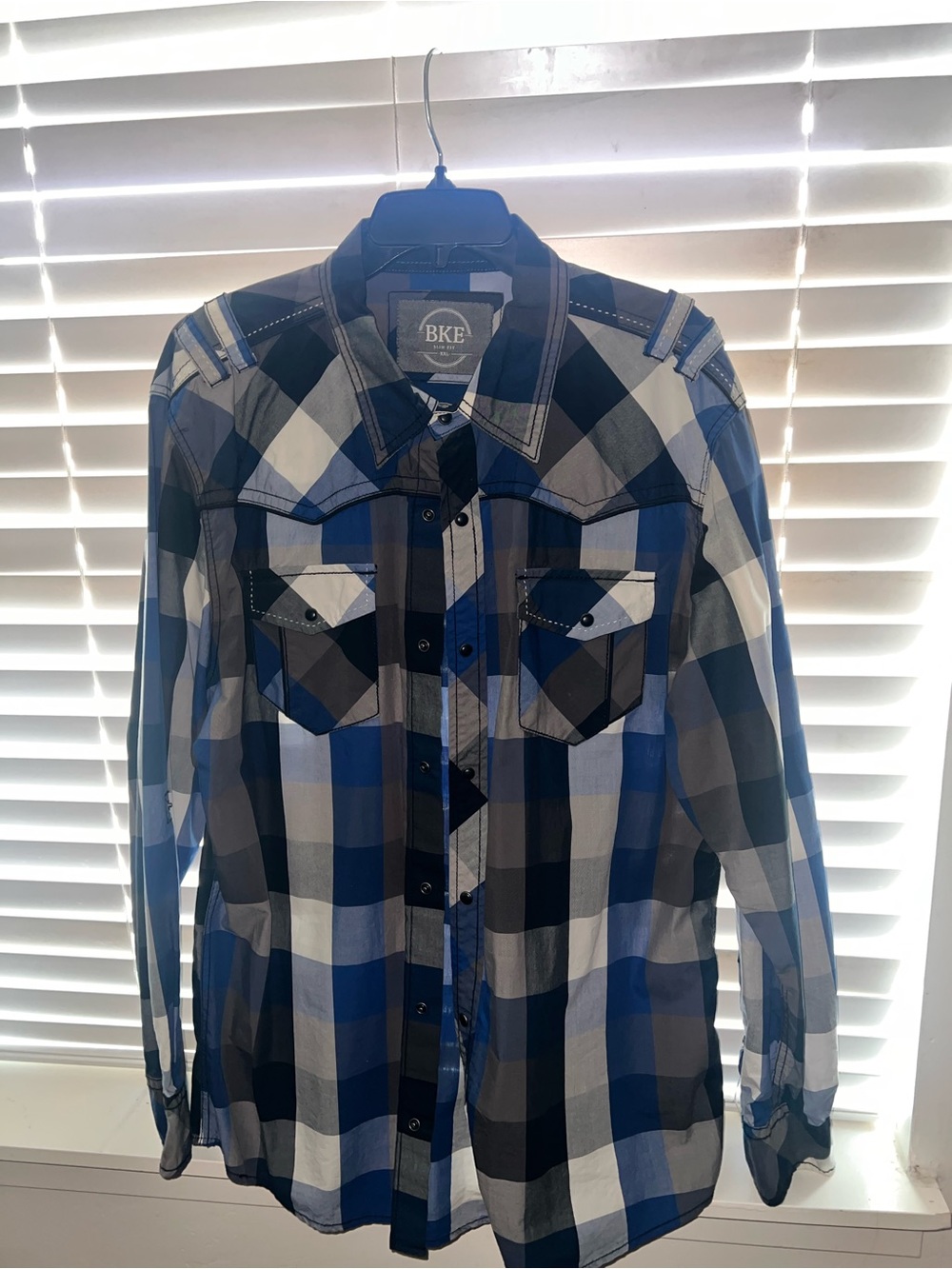 BKE Blue Black and White Plaid Button-Down Shirt